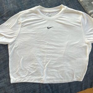 Nike slim fit white crop top tee with black  logo large essential